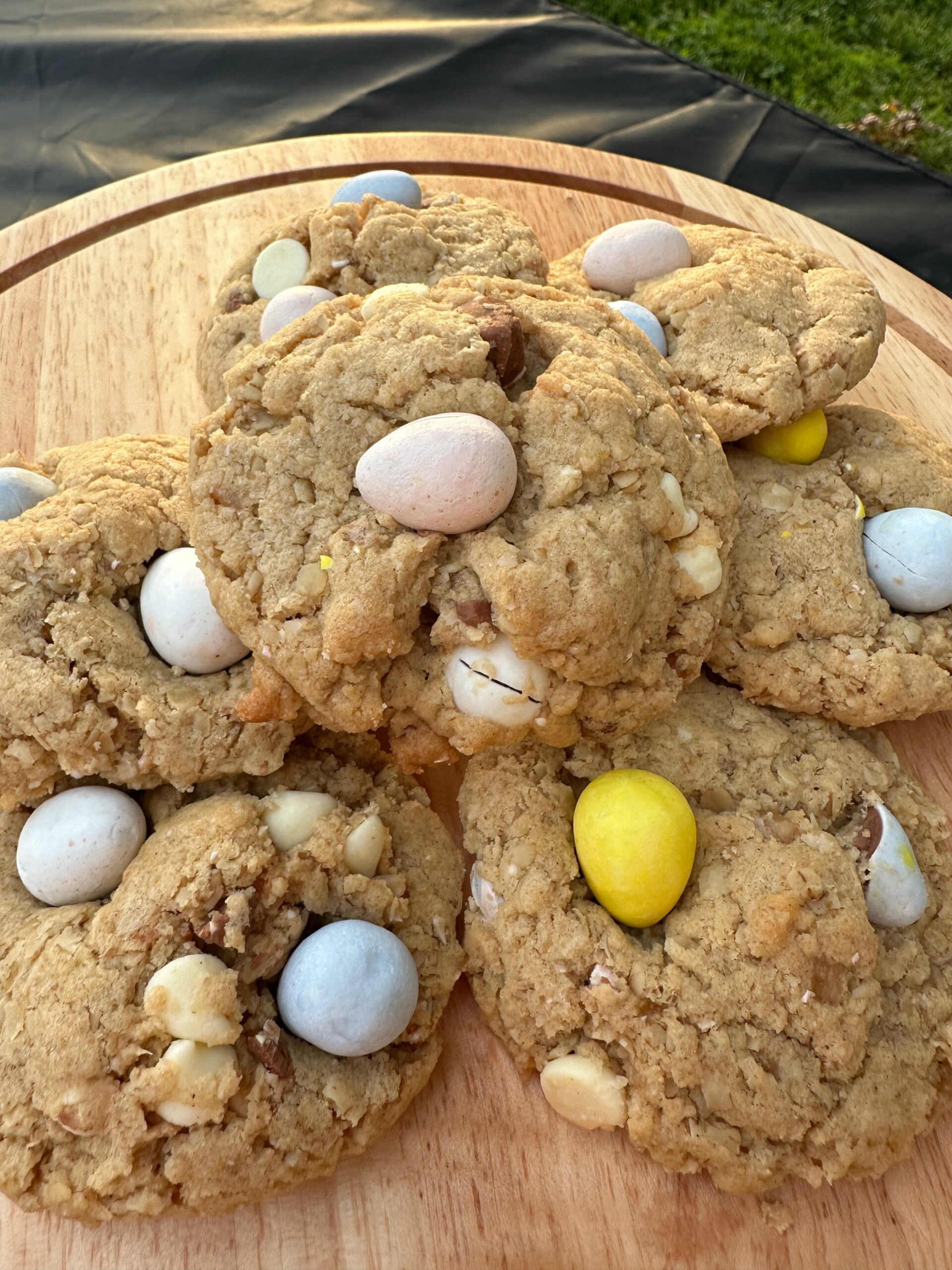 browned butter oatmeal cookies with toffee white chocolate chips and cadbury mini eggs